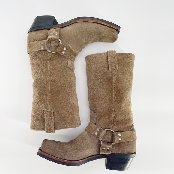 Frye Taupe Suede Leather Harness 12R Tall Square Toe Biker Boot Women's size 8.5 - Picture 4 of 12